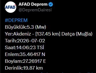 Muğla'da 5.3 büyüklüğünde deprem